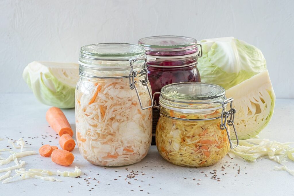 fermented cabbage sauerkraut sour glass jars