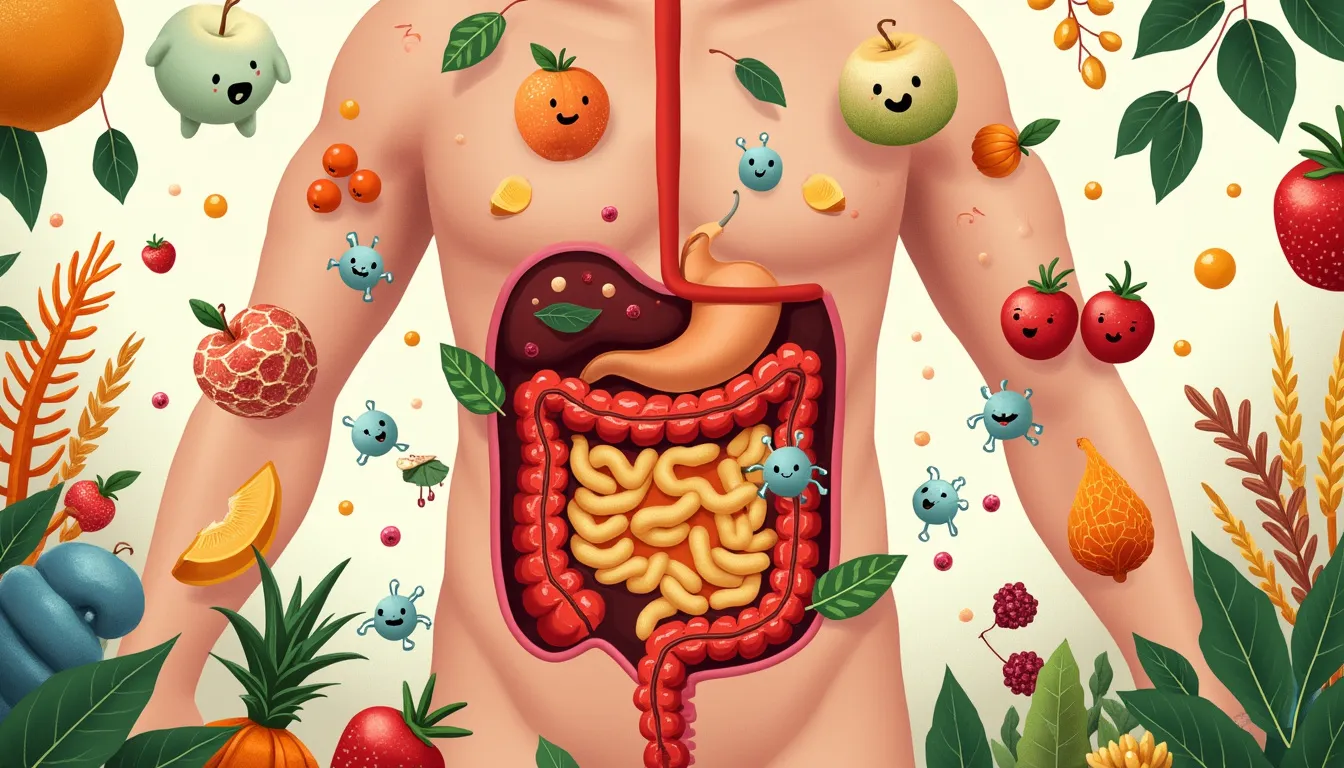 A colorful, stylized illustration of the human digestive system, with various healthy foods floating around it. The intestines are depicted as a bustling e