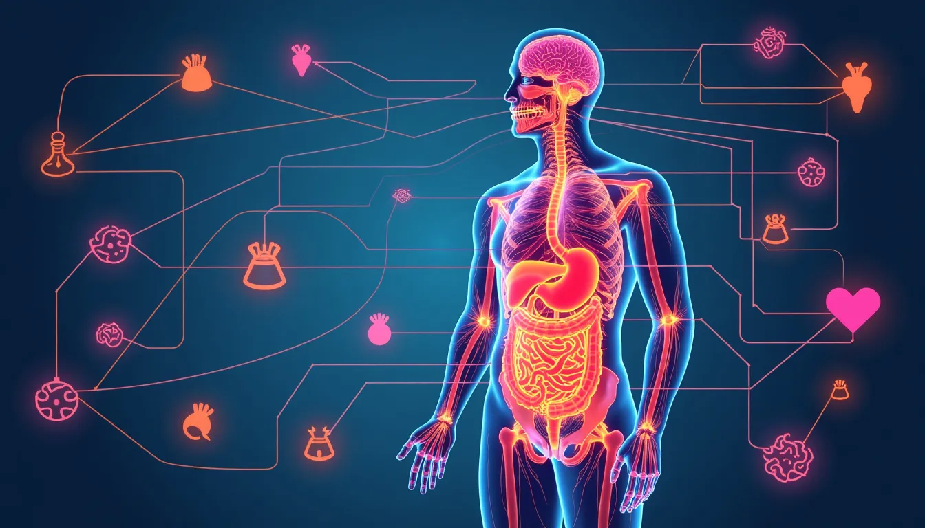 Illustration of a human figure with an illuminated digestive system, showcasing vibrant, interconnected lines extending from the gut to various parts of th