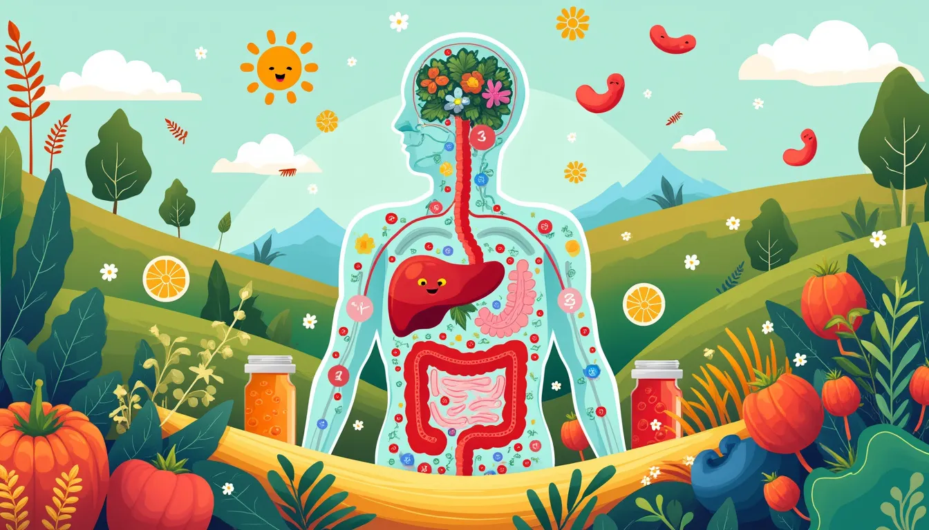 Create an illustration of a vibrant, healthy gut microbiome landscape, with various friendly bacteria depicted as cheerful, colorful characters working tog