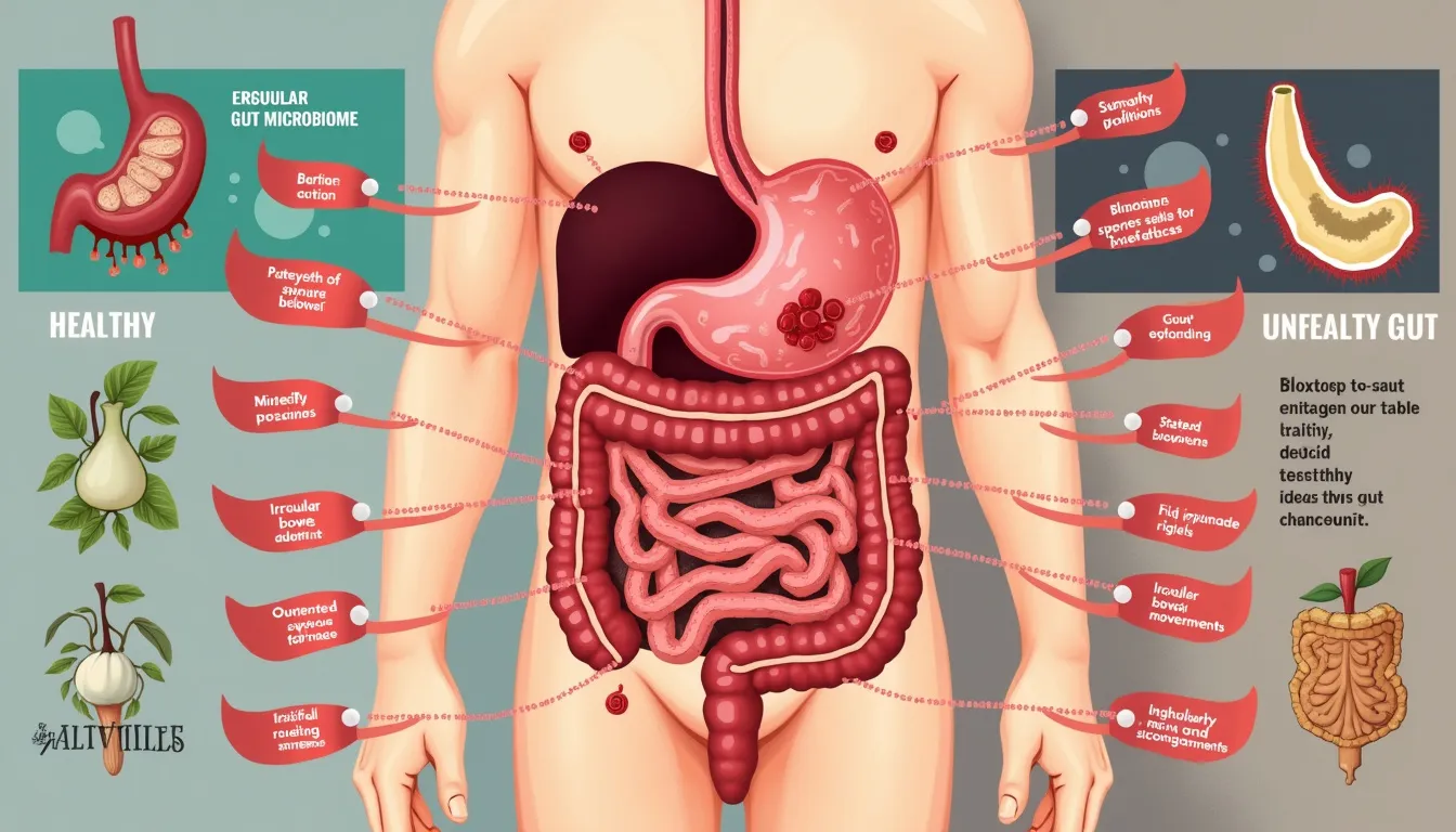 A detailed medical illustration of a human digestive system with several red flags highlighting problem areas; the stomach and intestines show signs of inf